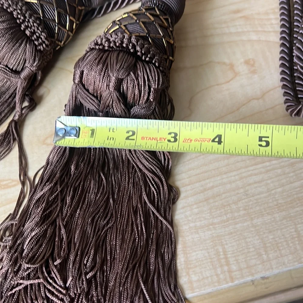 Set of 2 brown curtain tie tassels with copper beads detail approx 24” like new